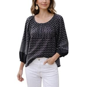 LOFT Ann Taylor Black Patterned Blouse Boho Peasant Top Large